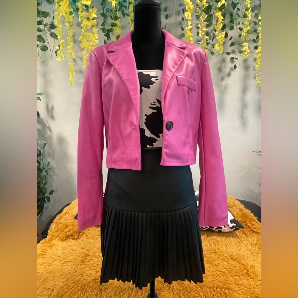 7 for all mankind pink cropped faux leather blazer
